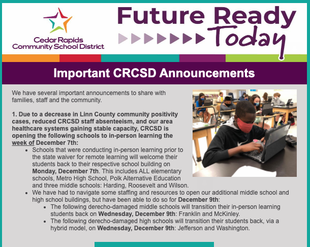 CRSCHOOLS's tweet photo. We have several important announcements to share with families, staff, and the community regarding in-person learning, derecho-damaged building return dates, and more. Please follow this link for details: https://t.co/Yt797vcsmJ #WeAreCRCSD  #WeAreCRCSD https://t.co/jdJ6FDG457