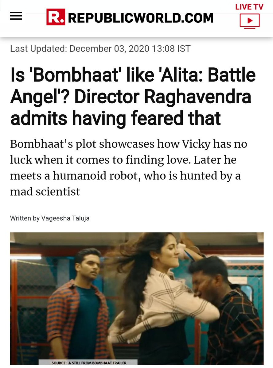 RepublicWorld.com: Is 'Bombhaat' like 'Alita: Battle Angel'? Director Raghavendra admits having feared that

republicworld.com/amp/entertainm…

This is an interesting read. As an Alita fan, I'd like to see this film Bambhaat for myself.