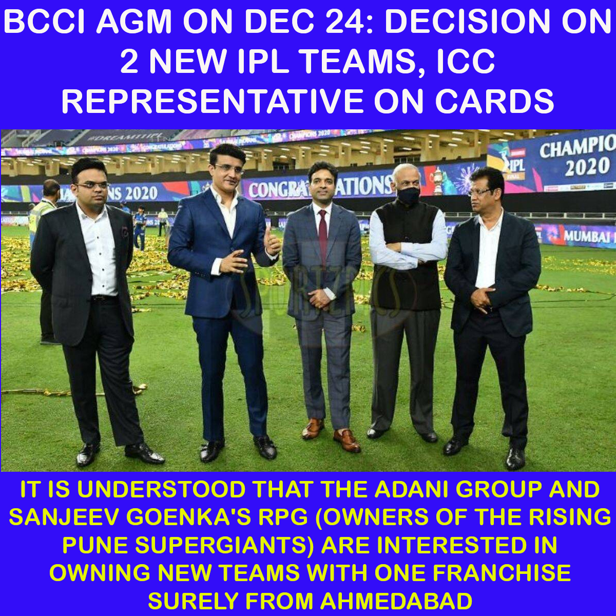 Sportscaster18's tweet photo. #BCCI AGM on Dec 24: decision on 2 new IPL teams, @ICC representative on cards
#IPL2020 #ipl2020final #iplfinal #indianpremierleague https://t.co/MkaBsMy4zH