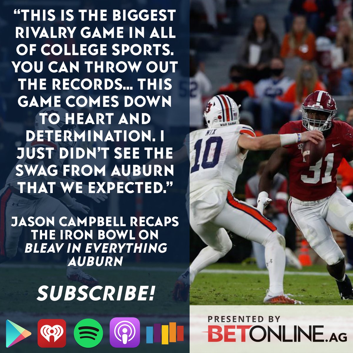 Former Auburn QB @JCam_17 was hoping for more from his Tigers in the Iron Bowl. Hear his thoughts on the tough loss on Bleav in Everything Auburn with host @taylorbethdavis - presented by @betonline_ag: https://t.co/lg6Q2mrZFg
#WarEagle https://t.co/em9JKzajlW