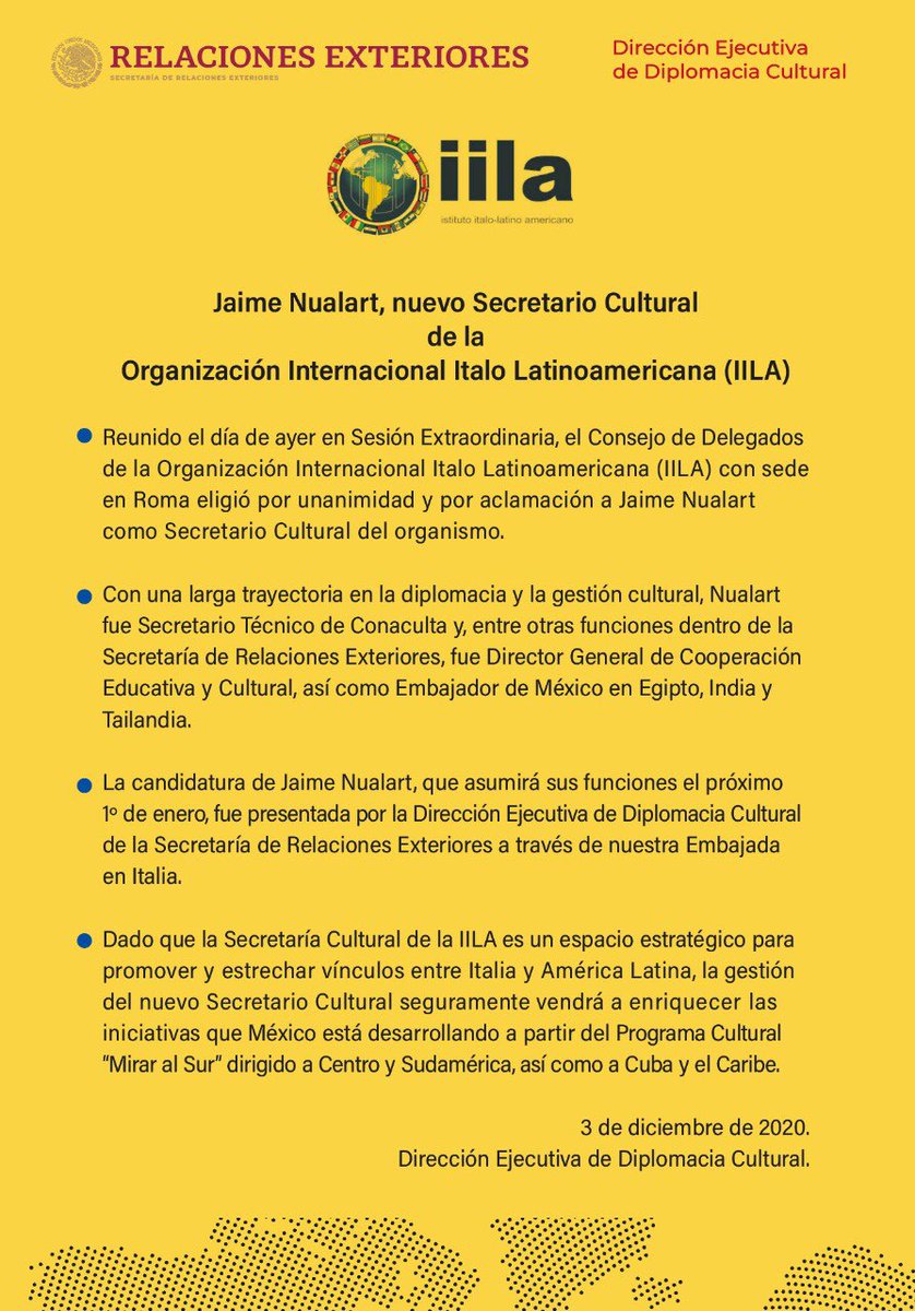 UNA BUENA NOTICIA PARA MEXICO. ⁦<a href="/SRE_mx/">Relaciones Exteriores</a>⁩ ⁦<a href="/m_ebrard/">Marcelo Ebrard C.</a> ⁦<a href="/JulianVenturaV/">Julián Ventura</a>⁩ <a href="/maximilianoreyz/">Maximiliano Reyes Zúñiga</a>⁩ ⁦<a href="/cgarciadealba/">Carlos García de Alba</a>⁩ ⁦<a href="/JaimeNrt/">Jaime Nualart</a>⁩ ⁦<a href="/DiplomaciacMX/">Diplomacia Cultural MX</a>⁩