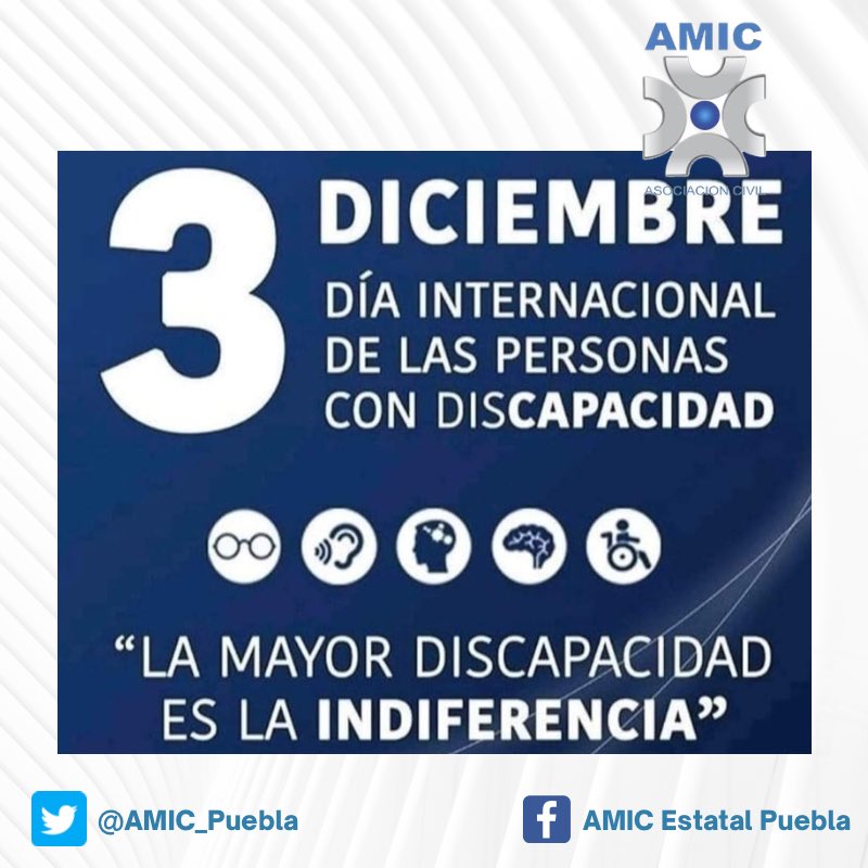 PueblaAmic's tweet photo. Hoy 3 de Diciembre conmemoramos el Día Internacional de las Personas con Discapacidad. 
Trabajemos por garantizar su derecho a la salud, al trabajo, a vivir una vida digna en una sociedad inclusiva. https://t.co/O43EoqIePl