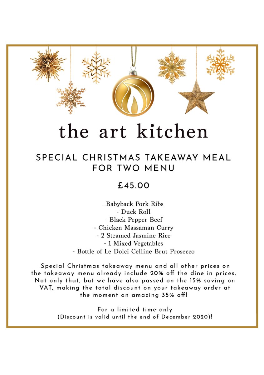 We may be in Tier 3 but we are starting to feel 'Christmassy' here at the restaurant so we have created a special Takeaway menu for you to include a bottle of Prosecco all for the fantastic value of £45.00. theartkitchen.com