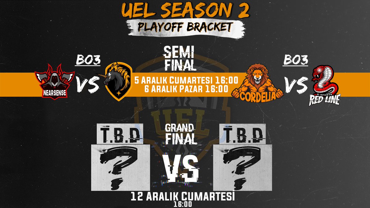 UEL Türkiye 2.Sezon heyecanı devam ediyor !
Yarı Final PLAYOFF Maçları bu Cumartesi ve Pazar Saat 16:00'da Sizlerle..🥳
5 Aralık Cumartesi 16:00 NearSense vs Odysseia
6 Aralık Pazar 16:00 Cordelia vs RedLine
twitch.tv/uelturkiye Kanalından bu heyecana ortak olabilirsiniz.