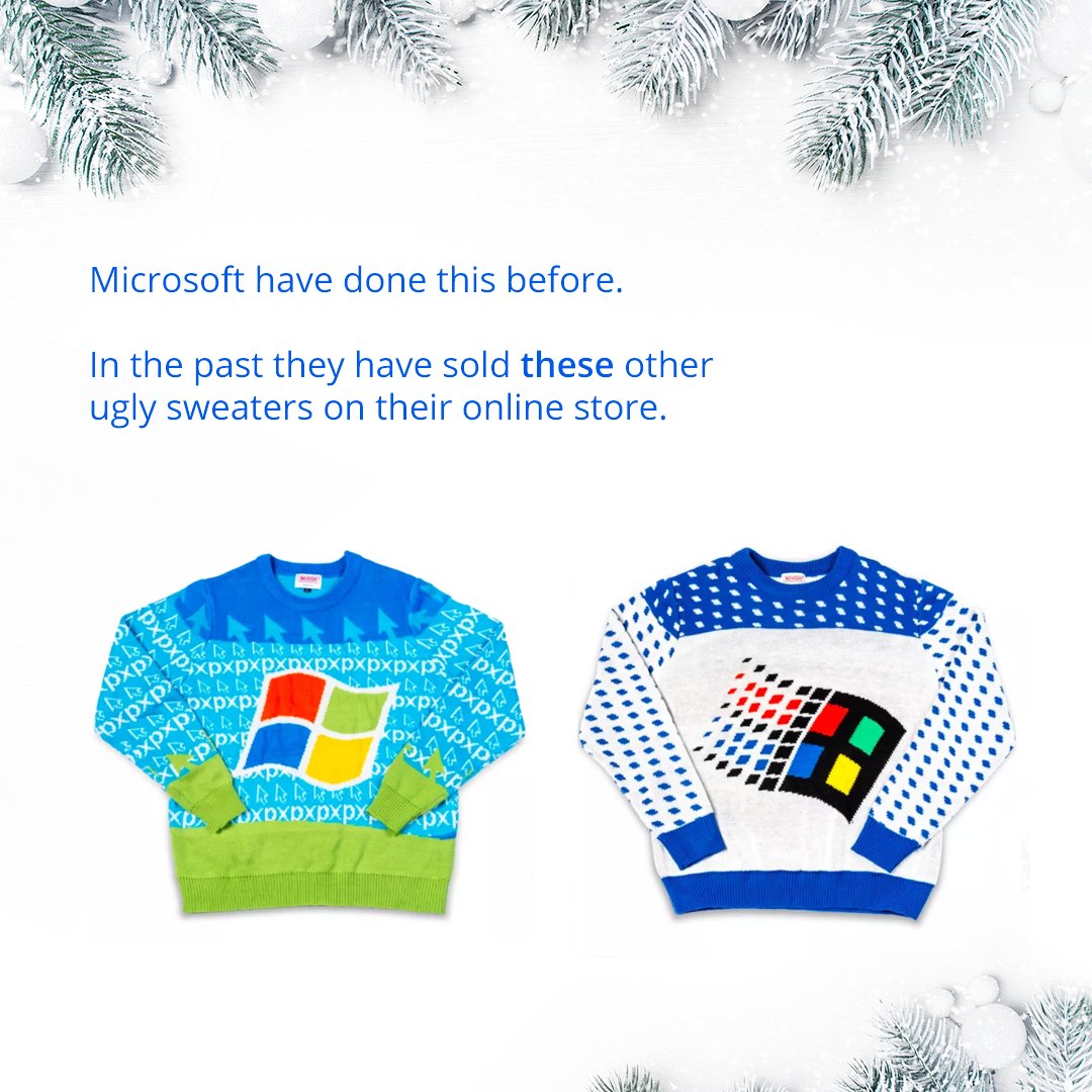 computors's tweet photo. This year, Microsoft are continuing their annual tradition of selling 'stylish' Christmas Jumpers. But it's all for a good cause. 

#microsoft #windows #windowsxp #windows7 #windows10 #pc #christmas #xmas #xmasjumper #sweater #christmasjumper #tree #decorations https://t.co/gsBg8XqTne