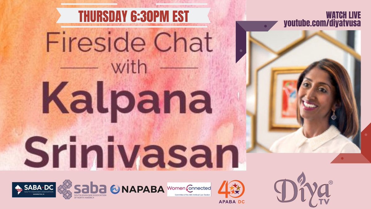 DiyaTV's tweet photo. #WATCH: Tonight at 6:30PM EST, A fireside chat with @SusmanGodfrey's managing partner #KalpanaSrinivasan. In partnership with @NAPABA @SABALegal @SABADC #WomenLeaders #IndianAmerican #DiyaTV 

https://t.co/BStyIxCLqV https://t.co/YmPo39t7ow
