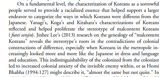 Yanagi's characterization initially began with his interest in Korean pottery, but was quickly adopted by other Japanese writers to explain away anything else they observed about Korea. Han's popularization thus first occurred in a colonial context.