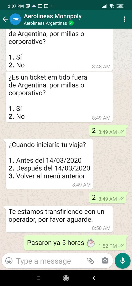 Clara - #YoNoParo - Viva la Libertad! (@chisoft) on Twitter photo Aerolíneas Argentinas: 8 meses sin volar.
No tiene un teléfono de atención al cliente, solo un bot de WhatsApp y NADIE para atender a los usuarios.
Eso si, #ConLaNuestra pagamos un promedio de 150 lucas por empleado.
<a href="/Aerolineas_AG/">AerolíneasArgentinas</a>
Pero soberanía y sarasa firulete... Aerolíneas Argentinas: 8 meses sin volar.
No tiene un teléfono de atención al cliente, solo un bot de WhatsApp y NADIE para atender a los usuarios.
Eso si, #ConLaNuestra pagamos un promedio de 150 lucas por empleado.
<a href="/Aerolineas_AG/">AerolíneasArgentinas</a>
Pero soberanía y sarasa firulete...