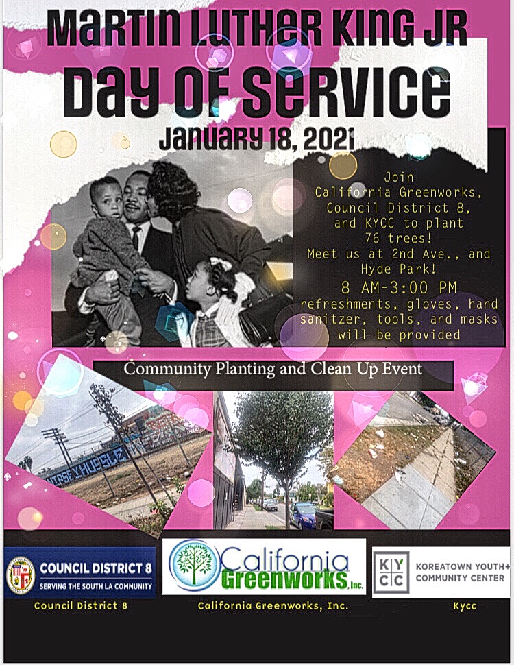 Join us at 2nd ave and Hyde park 8-3 on January 18,  2021. CGW’s annual clean up and planting event, the Martin Luther King Jr. Day of Service, will abide by all CDC and social distancing requirements.