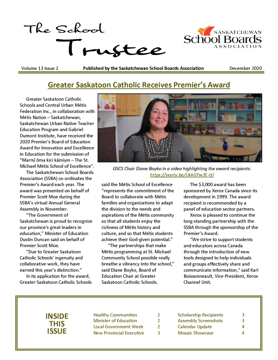 SaskSchoolBoard's tweet photo. The December edition of The School Trustee newsletter is now available: https://t.co/UKZN2KYF8s #sasked https://t.co/gDCvP5gdiI