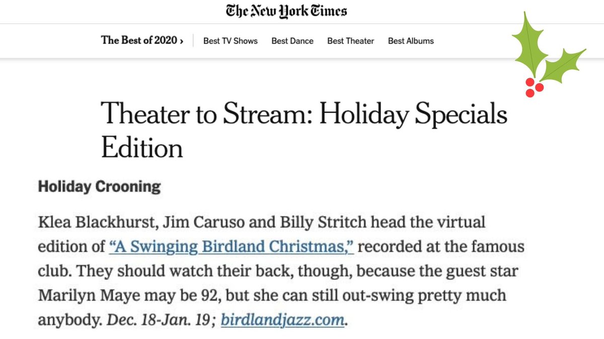 Club44Records (@club44records) on Twitter photo Thank you, <a href="/nytimes/">The New York Times</a>, for highlighting @JimCaruso1, <a href="/KleaBlackhurst/">Klea Blackhurst</a> & @bstritch’s #ChristmasatBirdland show! Trust us when we tell you, this is one Christmas show you do NOT want to miss! Click the link below for more info.
nytimes.com/2020/12/02/the…
<a href="/birdlandjazz/">Birdland Jazz Club and Theater</a> #BirdlandJazzClub Thank you, <a href="/nytimes/">The New York Times</a>, for highlighting @JimCaruso1, <a href="/KleaBlackhurst/">Klea Blackhurst</a> & @bstritch’s #ChristmasatBirdland show! Trust us when we tell you, this is one Christmas show you do NOT want to miss! Click the link below for more info.
nytimes.com/2020/12/02/the…
<a href="/birdlandjazz/">Birdland Jazz Club and Theater</a> #BirdlandJazzClub