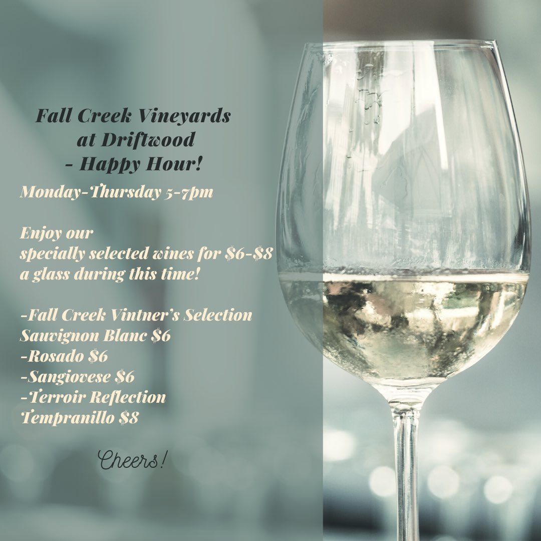 FallCreekWines's tweet photo. Great news! We now have Happy Hour with good deals on wines by the glass!
Join us at our Driftwood location for Happy Hour, 5PM-7PM Monday-Thursday.
This week only, take 20% off all of our apparel and other wine-related merchandise.
#txwine #driftwoodtx #txhc #fcv45 https://t.co/NRVi4FOTLh