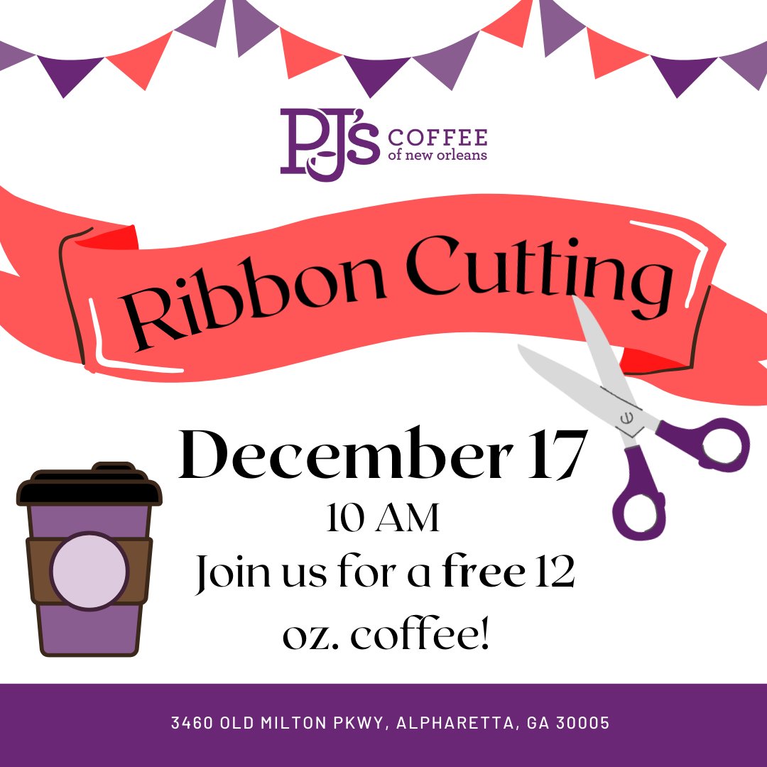pjscoffeealpha's tweet image. Hey you! You're invited to our GRAND OPENING on Dec. 17! The ribbon cutting will be at 10 AM, but we'll be celebrating all day! Stop by any time for a free 12 oz. coffee. We can't wait to see you!

#pjscoffee #pjscoffeealpha #alpharetta #metroatlanta #atlanta #grandopening
