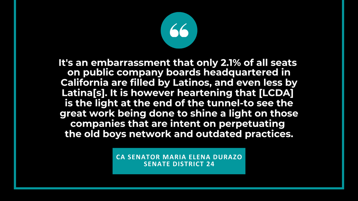 LatinoDirectors's tweet photo. Thanks, @SenMariaEDurazo, for joining our recent virtual media briefing to discuss the launch of the first of its kind California Boardroom Equity Scorecard &amp; Tracker. 

Learn More: https://t.co/Sax2B8koh5

#diversityincludeslatinos #lcdaresearch #CorpGov #CorpBoard #CALeg https://t.co/gl6Ge1DIHs