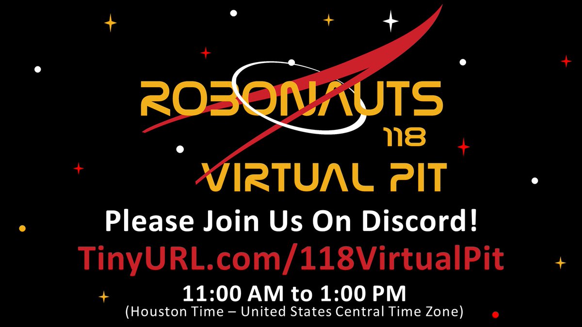 Set your alarm to join us TOMORROW (Saturday 12/5) between 11am and 1pm U.S. Central Time to hang out &amp; chat w/ us and ask us any questions you have about our robots and our team. See you there! tinyurl.com/118VirtualPit   #omgrobots