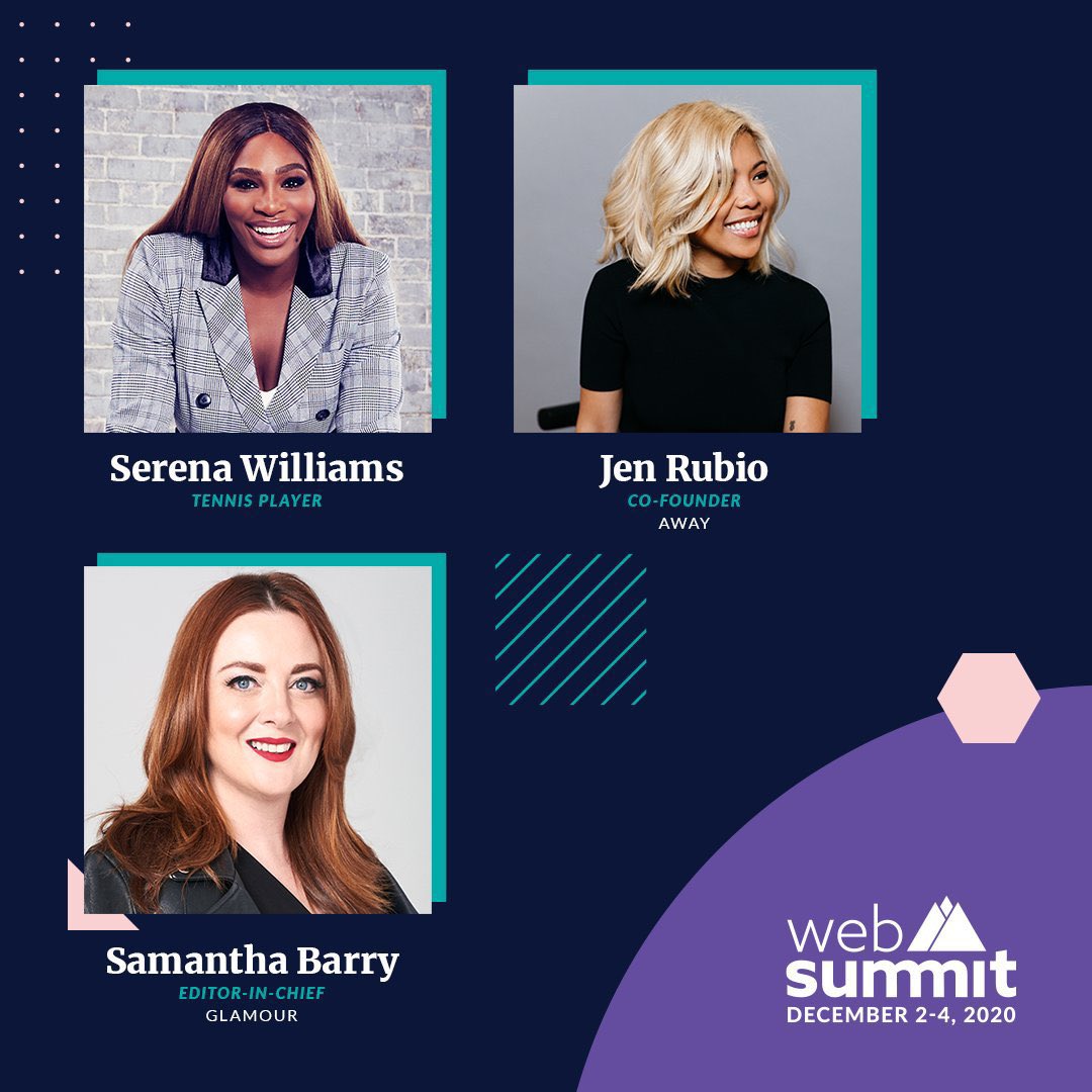 serenawilliams's tweet image. Tune in later today for my @websummit chat with @jennifer from @away and @samanthabarry! #WebSummit2020