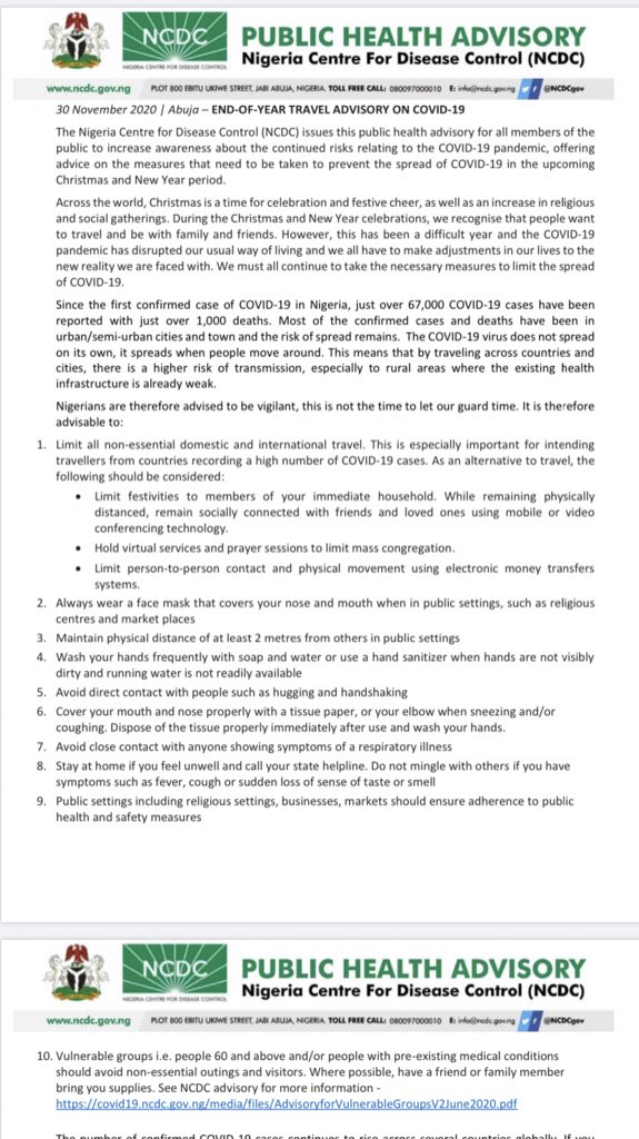 We encourage Nigerians to limit travel, especially non-essential travel, and gatherings this period. We need to work together to protect our country

Here are 10 ways to stay safe at Christmas/New Year and a reminder of our international travel protocol

ncdc.gov.ng/news/276/end-o…