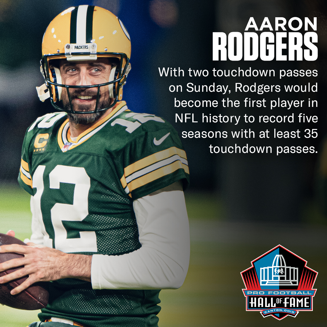 ProFootballHOF's tweet photo. With 2 TD passes this afternoon, @AaronRodgers12 would become the 1st player in @NFL history to record five seasons with at least 35 TD passes.

@packers | #PHIvsGB | #GoPackGo https://t.co/rct8T1Muty