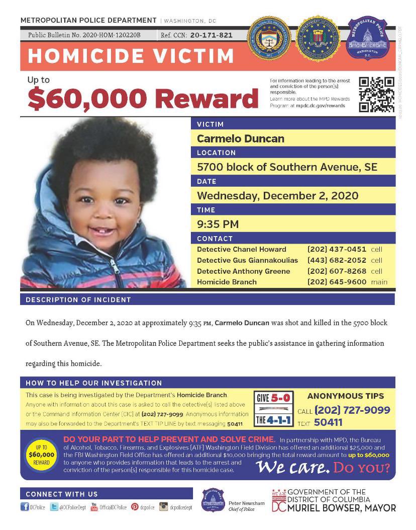 This senseless act of violence against 15 month old Carmelo Duncan has no place in the District of Columbia. Please keep him and his family in your prayers. If you have any information call (202) 727-9099 or text 50411 to help MPD bring those accountable to justice.