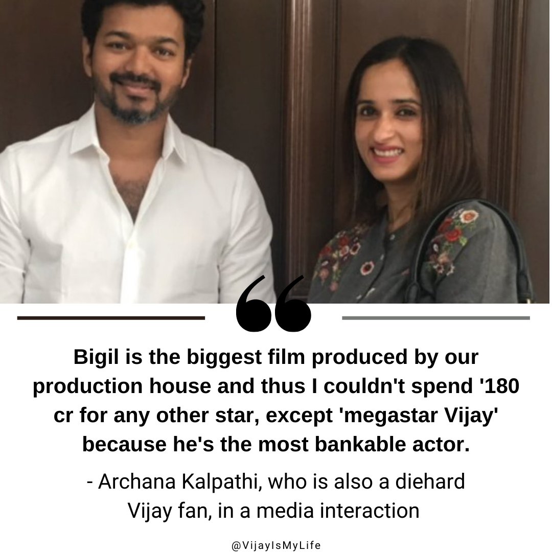 18. There's this  #ThalapathyVijay fan girl producer  @archanakalpathi who has said many things about Vijay, here's just one from a lot. #28YearsOfBelovedVIJAY