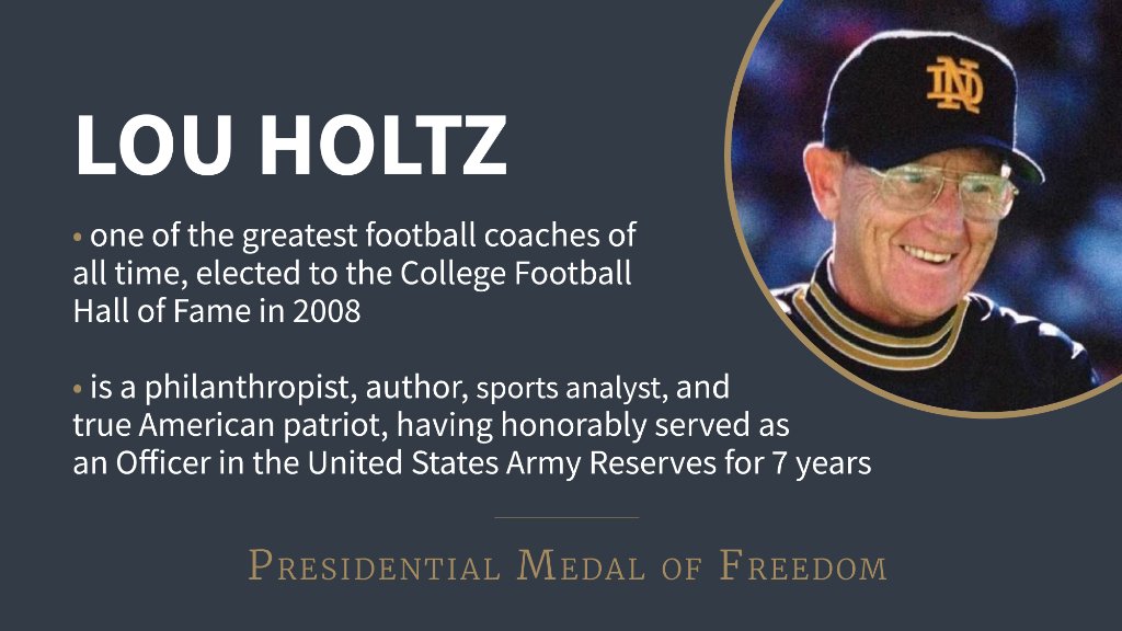 WhiteHouse45's tweet photo. President @realDonaldTrump just presented the Medal of Freedom to Lou Holtz—a legendary football coach, philanthropist, author, and great American patriot! https://t.co/IGEYHcNoE3