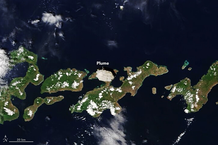 This image from Terra MODIS shows a volcanic plume above the Indonesian island of Lembata. 