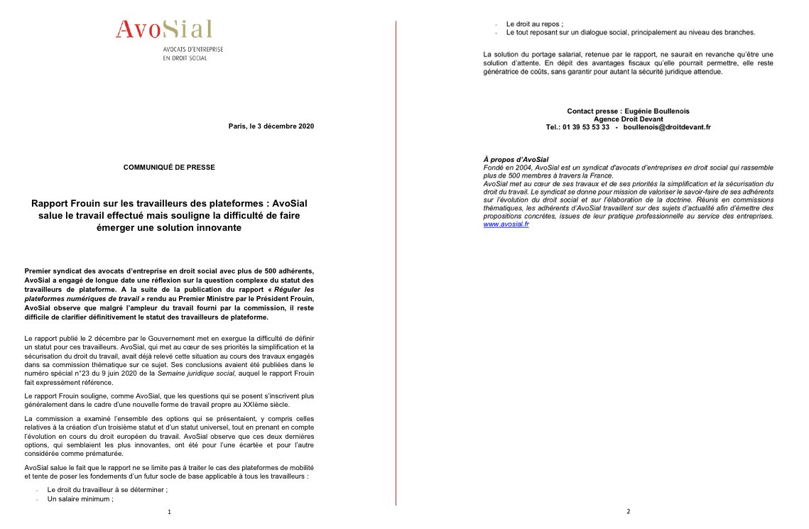#RapportFrouin sur les travailleurs des plateformes : AvoSial salue le travail effectué mais souligne la difficulté de faire émerger une solution innovante
➡ Retrouvez notre communiqué de presse : bit.ly/3qsV1sW