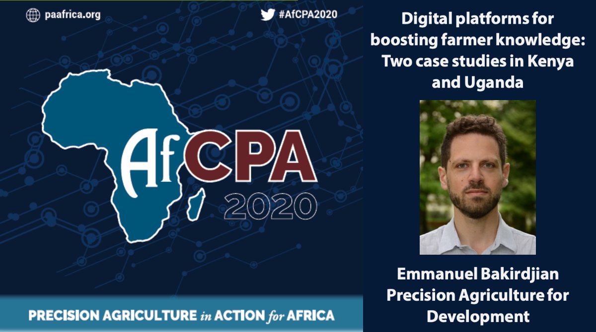 PlantAfrican's tweet photo. 1st African Conf. on #PrecisionAg welcomes Emmanuel Bakirdjian @PrecisionAgDev presenting on #Digitalplatforms for boosting #farmerknowledge using two case studies in #Kenya and #Uganda
Learn more about the program at #AfCPA2020 and joins us Dec 8-10!
👉 https://t.co/cjOPQxSF21 https://t.co/9pPm5cuocU