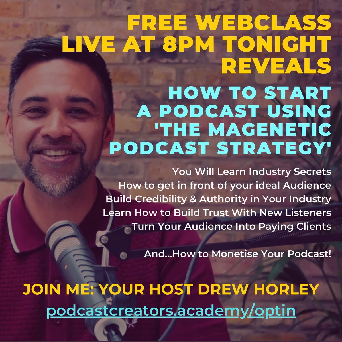 Drewhorley's tweet photo. Thinking of starting a podcast... check this out👇🏽
JOIN ME LIVE TONIGHT @ 8pm for a Free webclass
https://t.co/GwQxMN43s4
#podcast #podcasts #podcasting #podcastcreatives #podcaster #podcasthost #podcastnetwork #newpodcast #podcastcommunity #podcasttips #podcastingtips https://t.co/lx8J6ziaFI