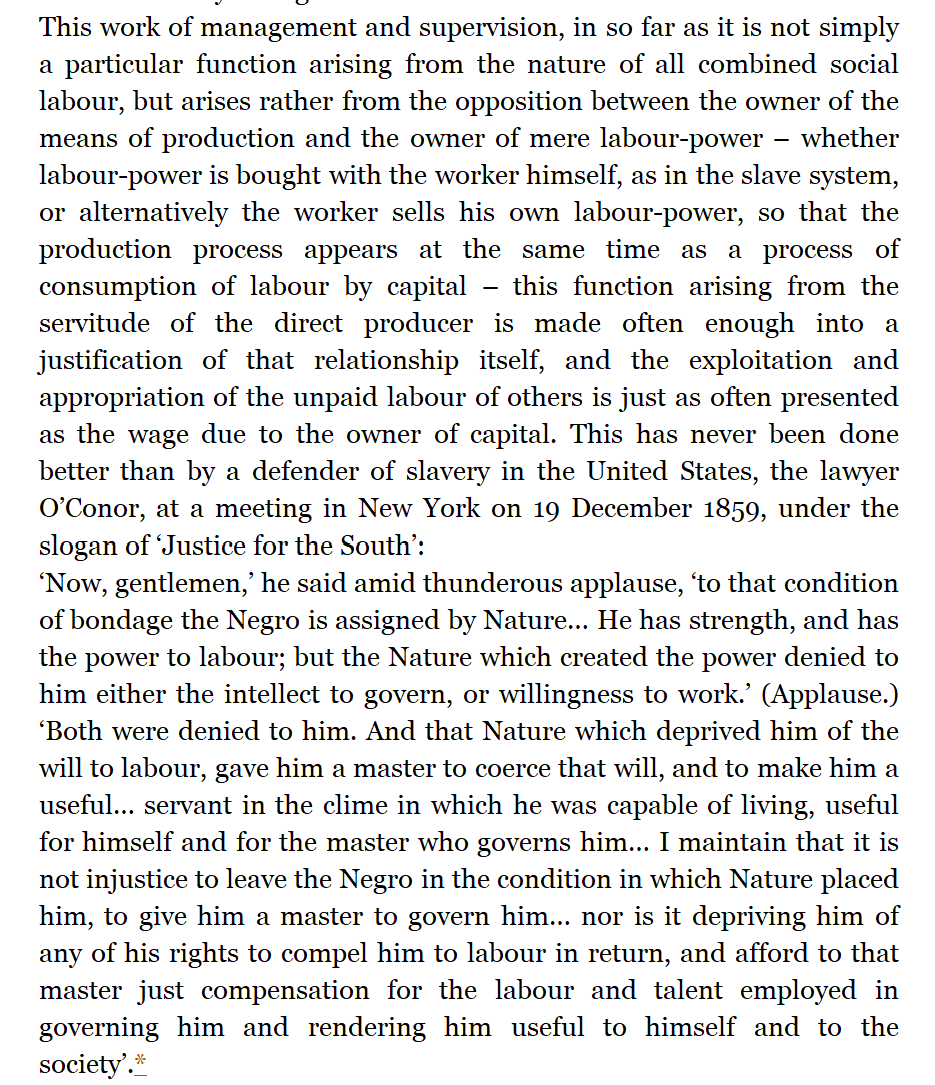 this is a particularly glaring hole wrt Marx because he was, in fact, fully aware of /expressions/ of ontological Slavery such as in Capital Vol III where he quotes an american lawyer who stated "[...]to that condition of bondage the Negro is assigned by Nature."