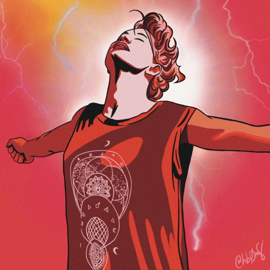 the july artwork is a digital portrait by  @hayleyhb0m8 based on a photo taken by  @marycatmathis during an outdoors SXSW performance in 2019 (and you can see the full performance here: )