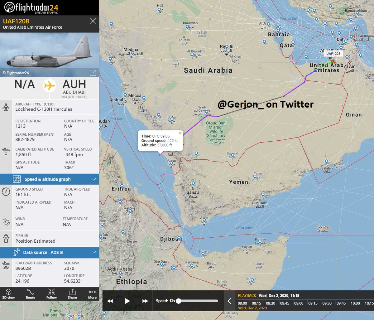 Gerjon_'s tweet photo. Same aircraft departed ๐ฆ๐ชAl Bateen Executive Airport on 01 Dec 2020 early morning and returned a day later, on a very similar route.
Usage of private jet airport Al Bateen (AZI) could suggest #89602B is indeed used by 1208, a ๐ฆ๐ชUAE Air Force Piaggio Avanti. https://t.co/B3w1ebT4R4