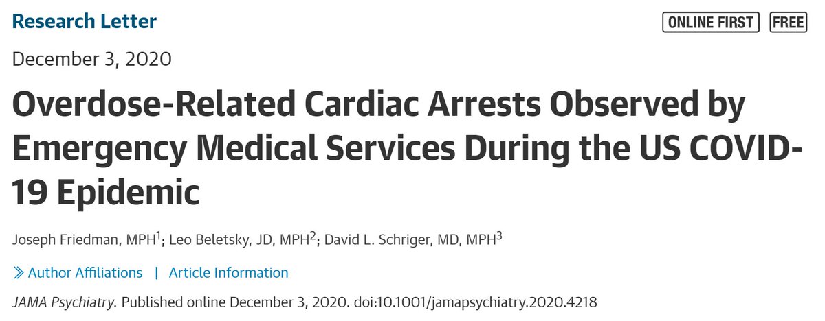 New evidence that COVID-19 may be drastically exacerbating the US opioid crisis:"Overdose-Related Cardiac Arrests Observed by Emergency Medical Services During the US COVID-19 Epidemic"w/  @LeoBeletsky, available for free in  @JAMAPsych  https://jamanetwork.com/journals/jamapsychiatry/fullarticle/2773768