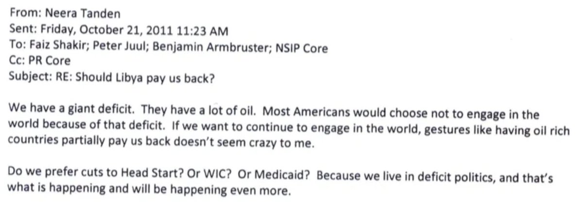 Tulsi Gabbard 🌺 (@tulsigabbard) on Twitter photo Neera Tanden thinks the way to reduce our deficit is to steal oil from countries like Libya to pay us back for bombing them, toppling their government, and turning them into a failed state. <a href="/JoeBiden/">Joe Biden</a> Is this really the person you want in charge of managing our budget? Neera Tanden thinks the way to reduce our deficit is to steal oil from countries like Libya to pay us back for bombing them, toppling their government, and turning them into a failed state. <a href="/JoeBiden/">Joe Biden</a> Is this really the person you want in charge of managing our budget?