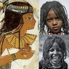 "Young girls hairstyles, then and now: all wear an A-shaped braided hair diadem: The young daughter of the Court astronomer priest Nakht, during the reign of Thutmose IV, 18th Dynasty, Thebes, Egypt. Afar girl, Assayta, Ethiopia Afar girl, Danakil, Ethiopia."
