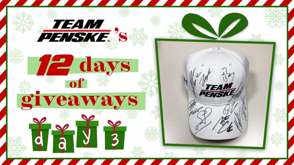 Team_Penske's tweet photo. Day 3️⃣ of our 12 days of giveaways is here!
Retweet and tell us your favorite Team Penske moment from this season for a chance to win a hat signed by 12 of our drivers!
Ends 12/4/20 at 11:59 p.m. ET. Rules: https://t.co/UN5jE5pkA3 https://t.co/9HbsLPh8wh
