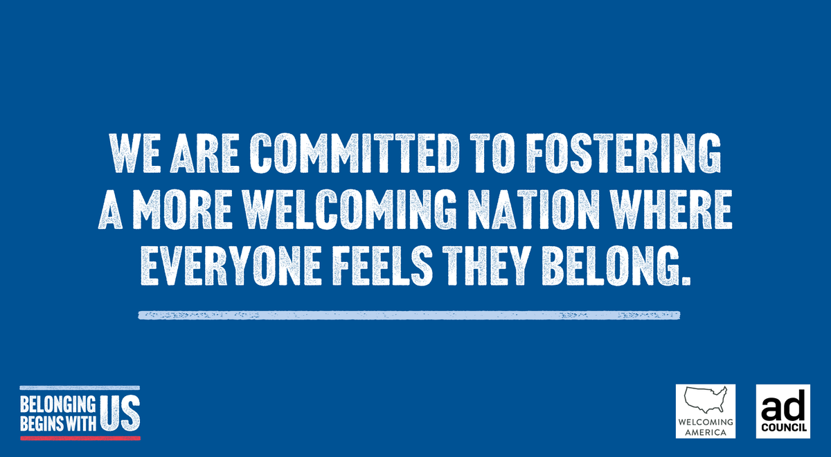WelcomingUSA's tweet photo. "We are excited for this campaign to shine a light on the role we can each play in creating places where each of us—including those who move here from other countries—can belong &amp; thrive." Read more about #BelongingBeginsWithUs which launched today: https://t.co/IXOsuWO7ZU https://t.co/nv2peyZt0v