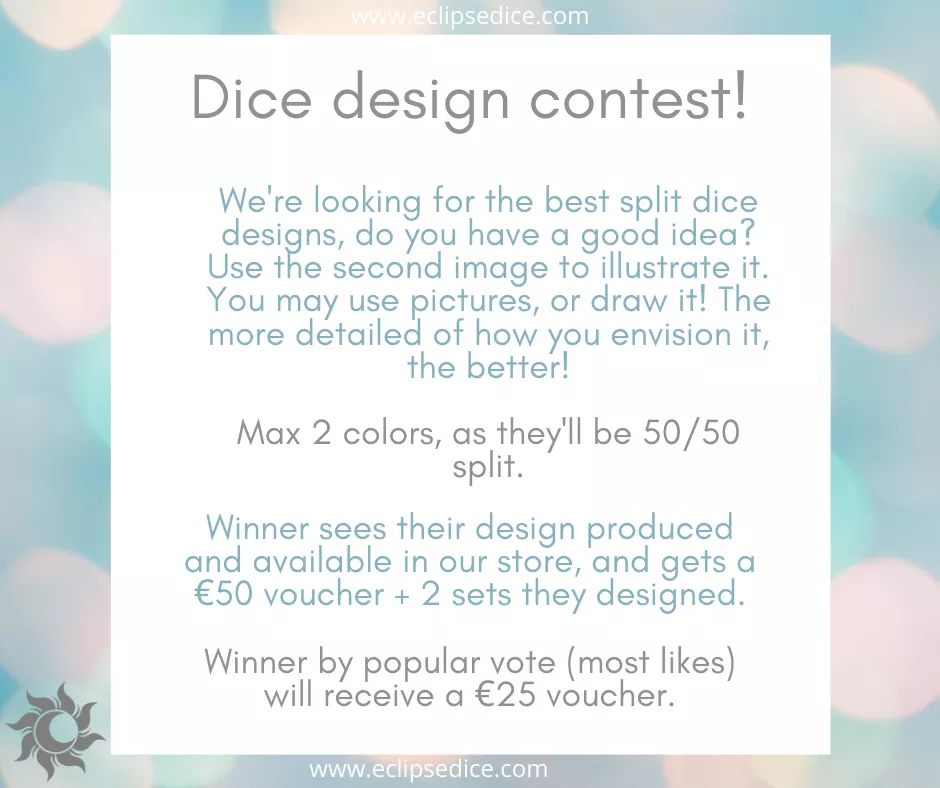 EclipseDice's tweet photo. We're running a dice design contest! Check out our FB post for more details: https://t.co/nQ5p4lmOaC

#dice #ttrpg #dnd #dnddice https://t.co/b4PKuJtyJh