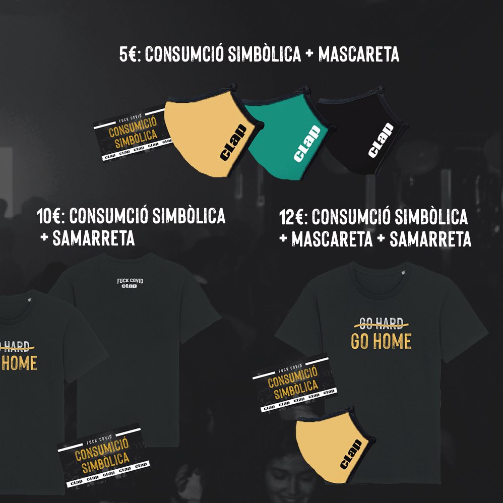 ⚠️ Save The Party ⚠️
Havíem d'acceptar la vostra ajuda, però amb una recompensa. Podeu comprar una "consumició simbòlica" per ajudar el Clap, i a canvi rebreu una mascareta i/o una samarreta inèdita! 🥰  
store.codetickets.com/clap