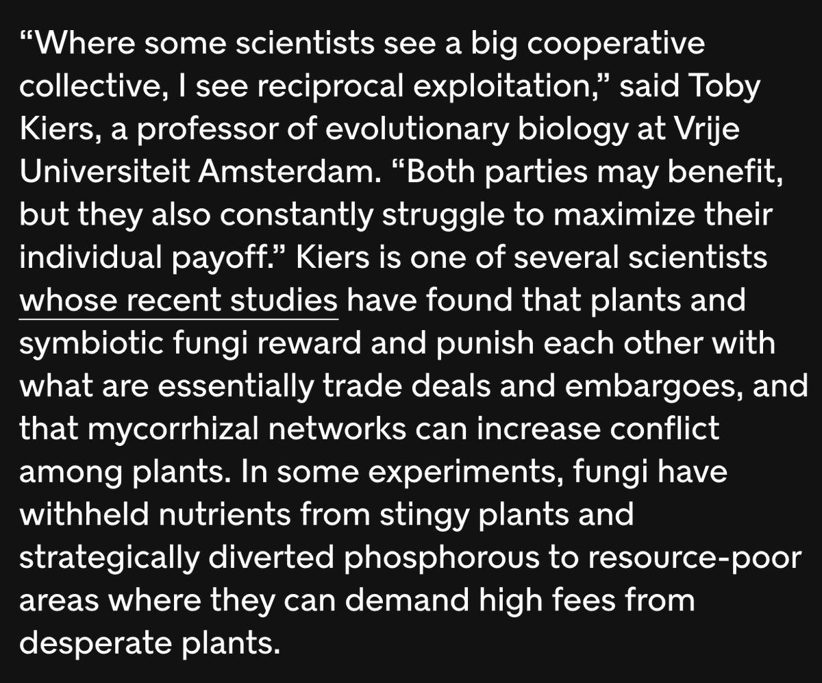 Here's the question, though: why would trees of diff species donate resources to each other at their own expense? And why would fungi obligingly transport those resources rather than using them?Maybe what looks like straightforward cooperation is much more complex negotiation: