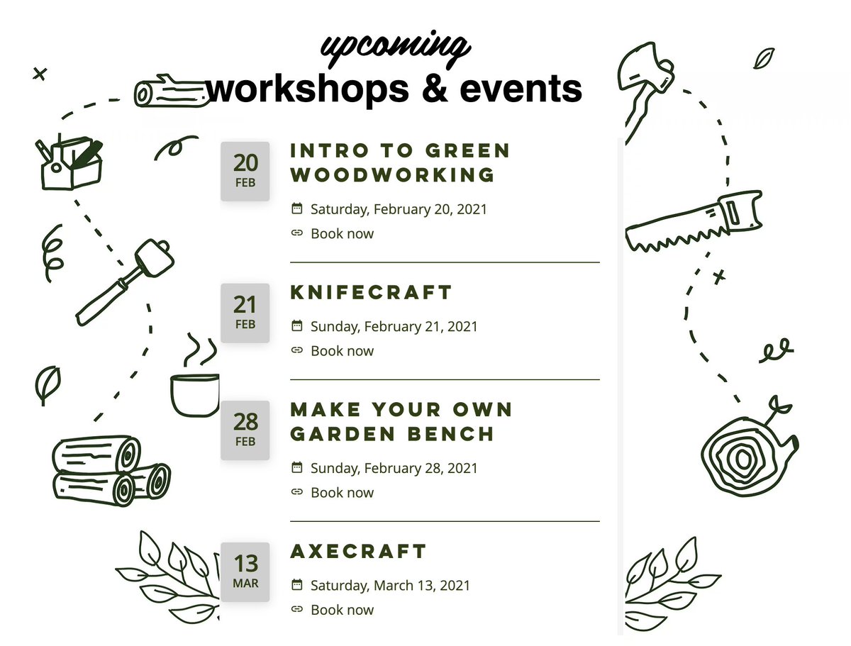 AspirationGreen's tweet photo. Our spring workshop programme is now live! A gamble, we know, but we're being hopeful 😀🤞✊🌳
Go to https://t.co/7axCt8jsNh for details and booking.

#greenwoodworking #skills #alwayslearning #sloyd #weloveaxes https://t.co/abrTrccbr2