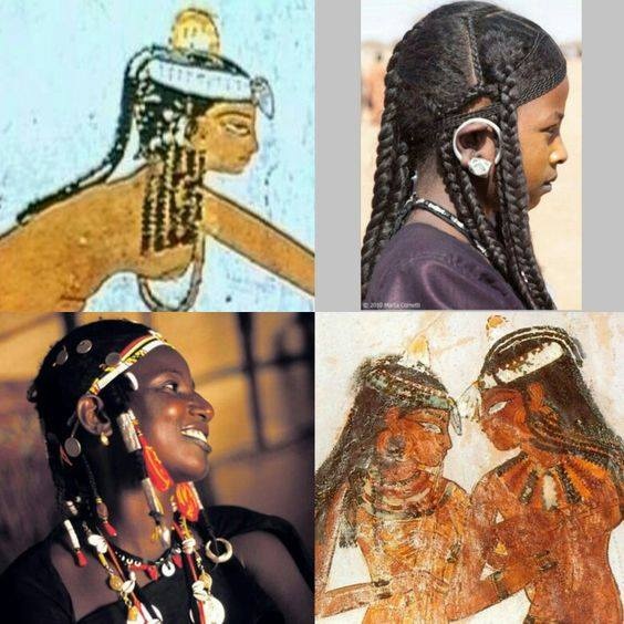 "the ends of her braids finished by long strands of beads with silvery white sea shells dangling from them. African traditional hairstyles."