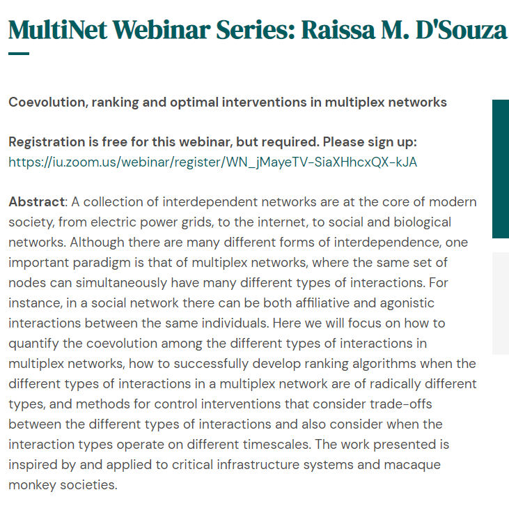 MultilayerNets's tweet photo. Still room to register for Raissa M. D'Souza's upcoming talk: "Coevolution, ranking and optimal interventions in multiplex networks" for the monthly @MultilayerNets webinar. Tues Dec. 8, 11:00 am ET. Register here: https://t.co/dqkXBd733H https://t.co/NZzz7srODw
