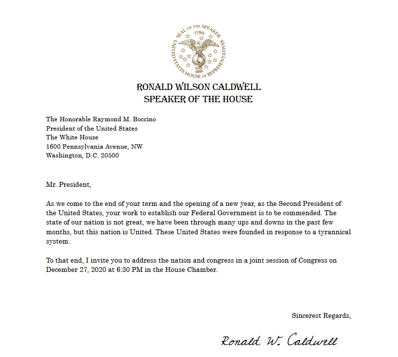 RW_Caldwell's tweet photo. It is with a great deal of pleasure I formally invite President @PresBoccino to the first State of the Union! https://t.co/hYO3ExUgDY