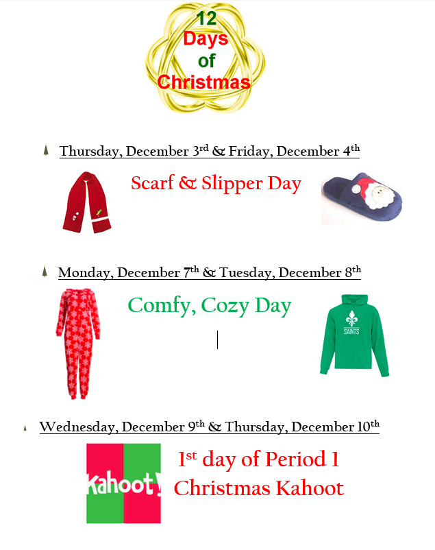 BJMHSSaints's tweet photo. Hey Saints! Join us for some holiday fun with our 12 Days of Christmas! https://t.co/PeCQGTX3CQ