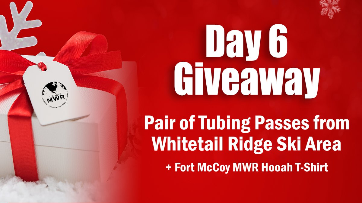 12 Days of Giveaways! Follow Fort McCoy MWR on Twitter and retweet this post to be eligible to win.  Must be a military ID card or CAC holder to participate. #FortMcCoyMWR #12DaysofGiveaways #USAGMcCoy