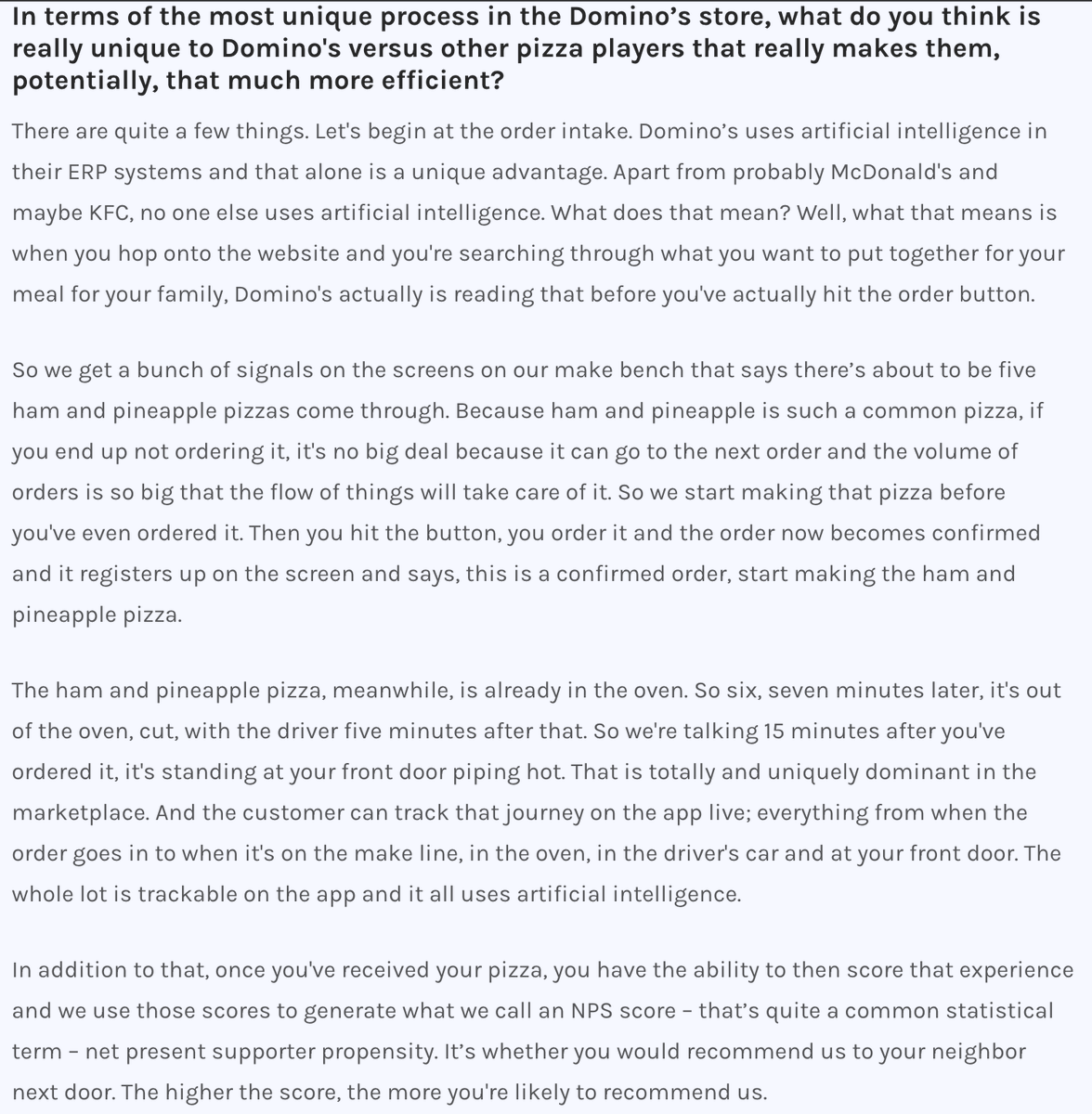 NEW INTERVIEW with a Domino's Franchisee Owner in SydneyDomino's use AI to front run your orders so they can deliver your pizza in under 15 minutes  $DMP.AU  $DPZ https://inpractise.com/articles/dmp-franchisee?utm_source=twitter&utm_medium=organic&utm_campaign=dpm