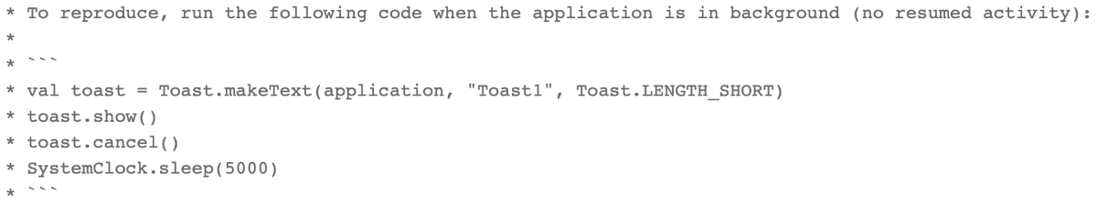 "an Application instance"This is the right answer to avoid Activity leaks. However, on API 25, there's a race condition leading to crashes when the app is in background: BadTokenException. Not just activity though, this happens with every context!See  https://android.googlesource.com/platform/frameworks/base/+/0df3702f533667a3825ecbce67db0853385a99ab%5E%21/core/java/android/widget/Toast.java