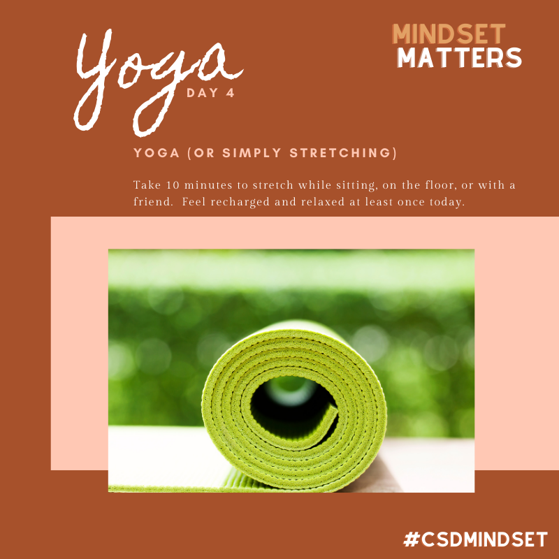 ChehalisSD's tweet photo. Take 10 minutes today to stretch while sitting, on the floor, or with a friend.  Feel recharged and relaxed at least once today.   A little stretching can go a long way!

Feel free to share your mindful moments using #CSDMINDSET https://t.co/15dGGxqiUg