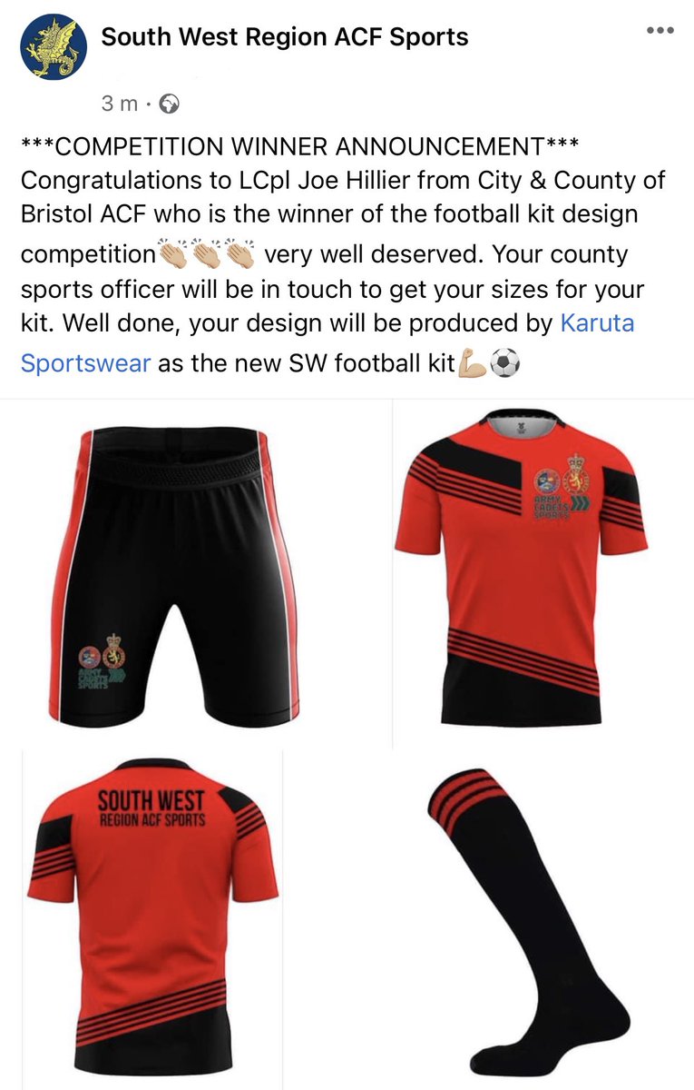 Congratulations LCpl Hillier of @BACFBristol who is the winner of the football kit design competition!👏🏼 Your design will be produced by <a href="/KarutaSports/">Karuta Sportswear</a> as the new SW football kit💪🏼⚽️ @ComdtBACF @poppygates_xo <a href="/armycadetsport/">Army Cadet Sports</a> <a href="/ArmyCadetsUK/">Army Cadets UK</a> #GoingFurther @ACFSport #VirtualACF